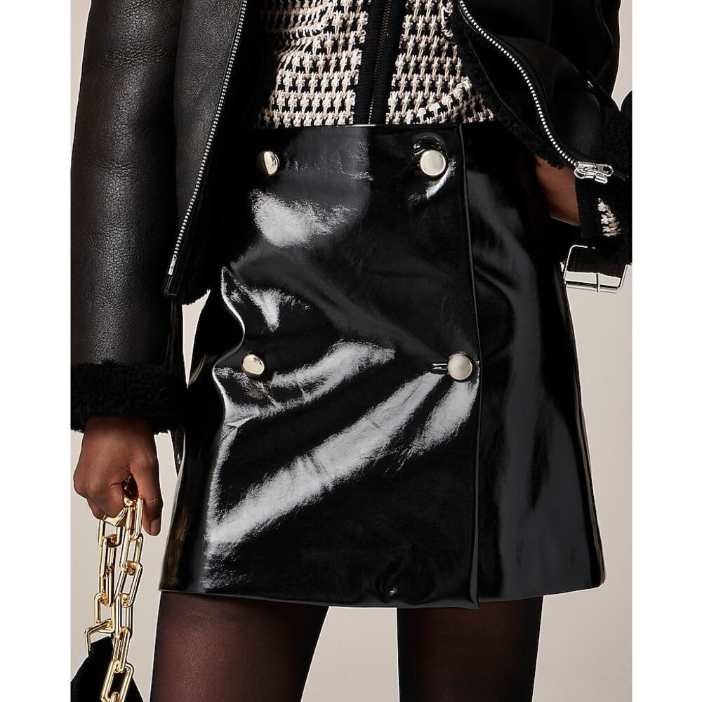 J.CREW Black Collection Mini Wrap Skirt in Faux Patent Leather Size 6 NWT